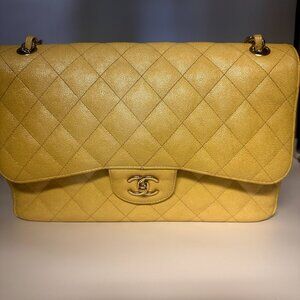 Chanel Yellow Iridescent Quilted Caviar Double Flap Bag